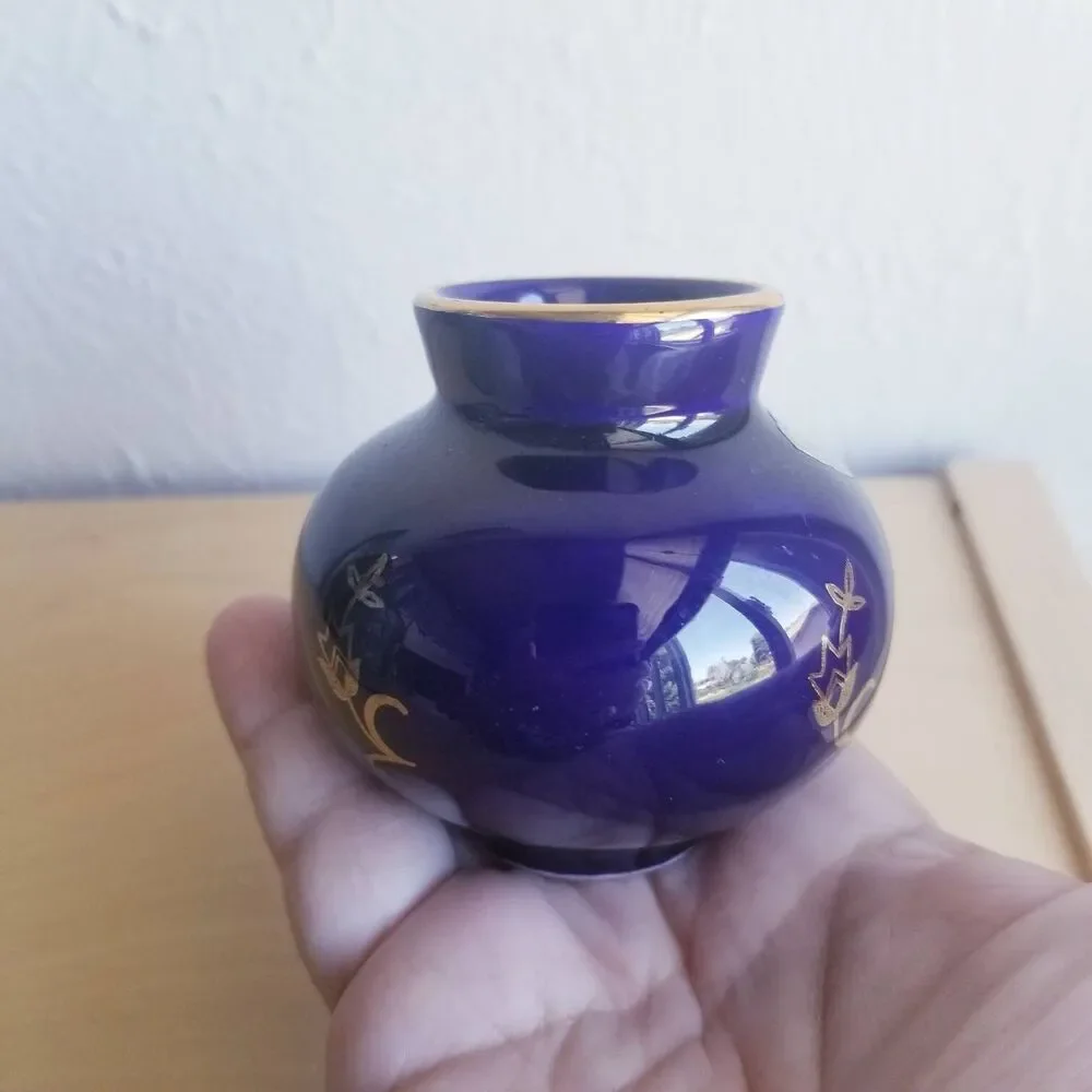 KHM Bavaria Echt Cobalt Vase With Gold Trim, Tiny Vase, Miniature Vase,